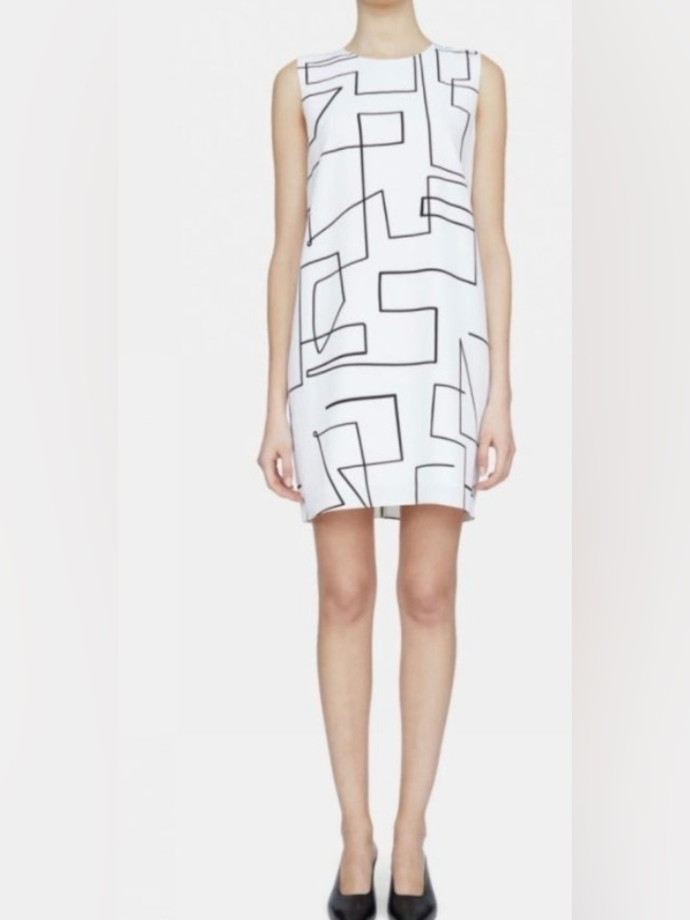 Theory White Shift Dress with Black Geometric Print